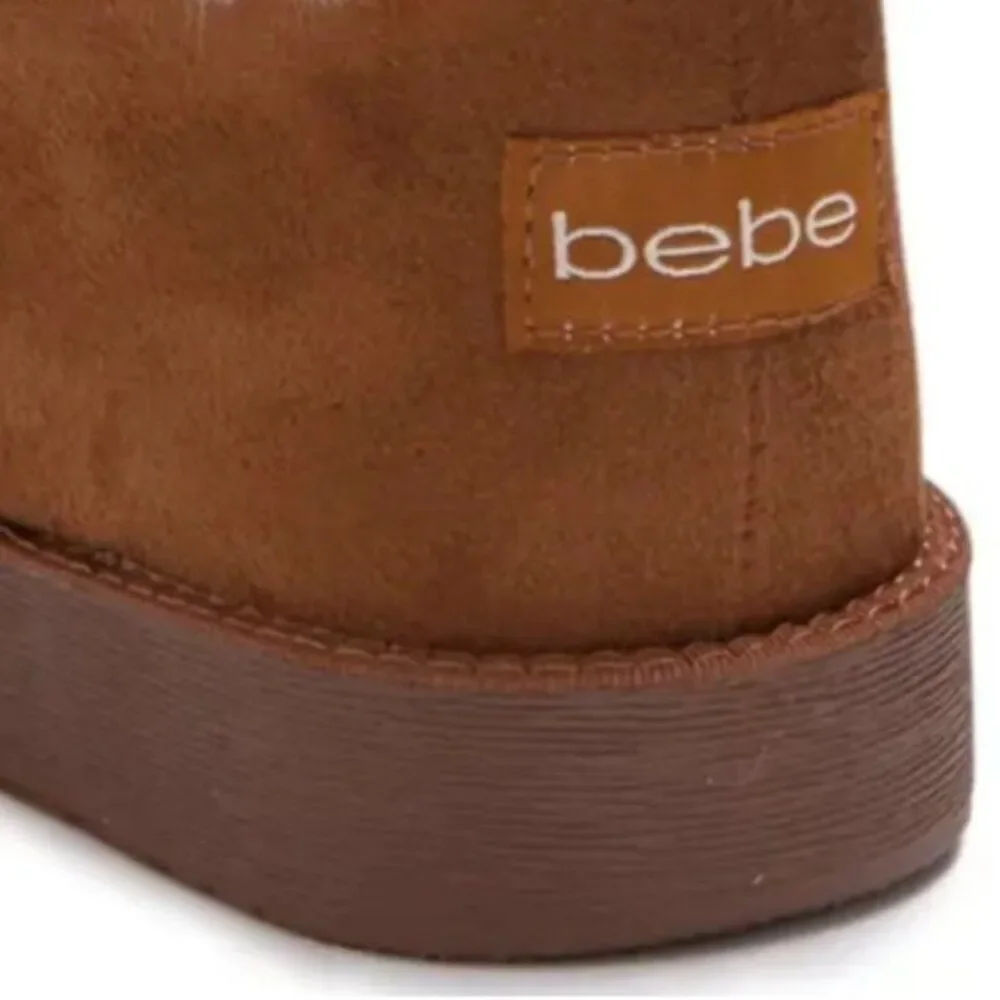 BEBE Women's Faux Fur Trim Boots ‎Rhinestone Stud Logo Winter Brown $99